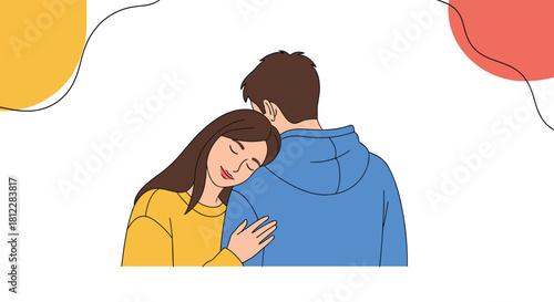 A woman rests her head on a man's shoulder, showcasing a moment of comfort, love, and emotional support between a couple.