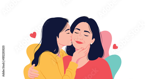 A loving daughter gently kisses her smiling mother on the cheek, expressing deep affection and family bonds.
