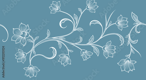 Elegant white floral scroll pattern with blooming flowers and swirling leaves creating a decorative border on a serene blue-green background.