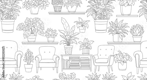 Seamless pattern of outline illustrations featuring various potted houseplants, armchairs, and shelves, creating a cozy indoor decor theme.