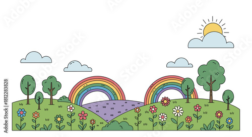 A cheerful and colorful cartoon landscape featuring twin rainbows, blooming flowers, green trees, and clouds on a sunny day.