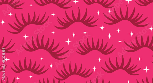 Glamorous dark pink eyelashes and sparkling white stars create a whimsical and fashionable seamless pattern on a vibrant magenta background.