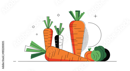 Modern flat design composition with fresh organic carrots and other vegetables in a pop art style on a white background.