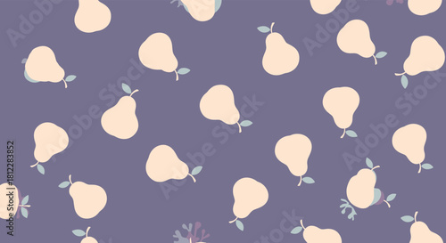 A charming seamless pattern featuring light-colored pears with small leaves scattered across a muted purple background, perfect for textiles or digital designs.