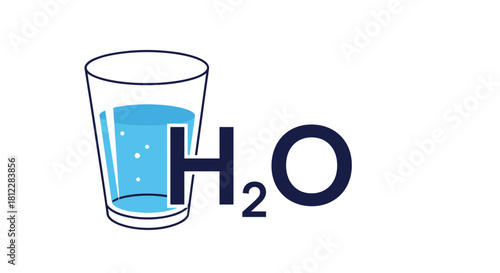 A refreshing glass of water accompanied by its chemical formula H?O, representing the essential nature and scientific composition of this vital liquid.