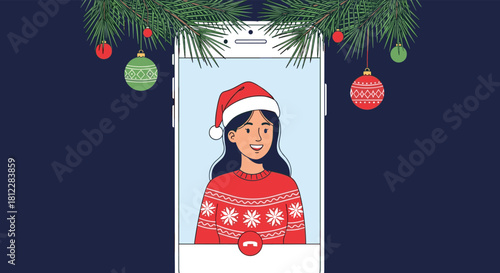 Young woman in Santa hat and Christmas sweater on a festive video call, framed by evergreen branches and holiday ornaments, celebrating remotely.