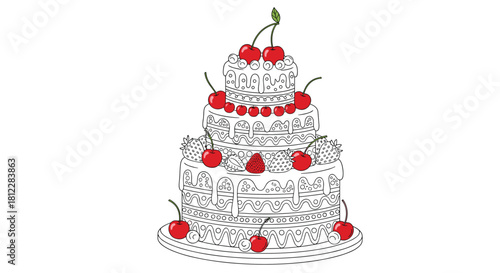 Outline drawing of a delicious three-tier celebration cake adorned with fresh red cherries and intricate frosting patterns, ready for coloring.
