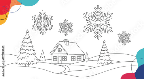 Outline drawing of a cozy house nestled among pine trees in a snowy winter landscape with falling snowflakes, ready for coloring.