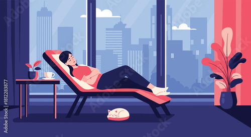 A peaceful woman rests on a lounge chair in her cozy apartment, with a cat sleeping nearby and a panoramic city view.