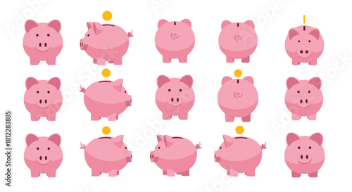 A comprehensive collection of pink piggy banks displayed from multiple angles, illustrating concepts of savings, finance, and financial growth.