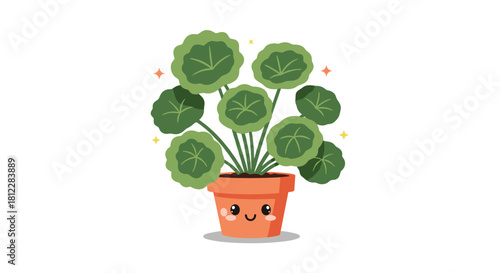 A cute cartoon Pilea peperomioides plant with round green leaves sits in a smiling terracotta pot, sparkling with charm.