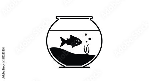 A simple black and white icon illustration of a single fish in a round glass fishbowl with water, a wavy substrate, bubbles, and an aquatic plant.