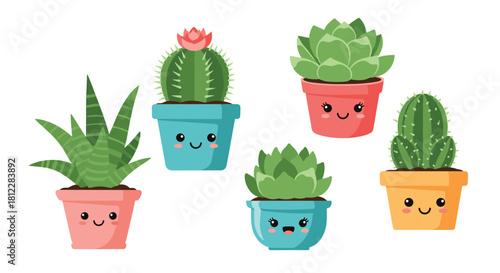 A delightful collection of cartoon potted succulents and cacti, each featuring a charming happy face, presented on a clean white background.