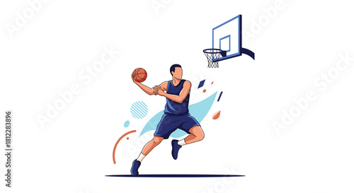Dynamic illustration of a male basketball player in a blue uniform jumping to score a slam dunk with abstract background elements.