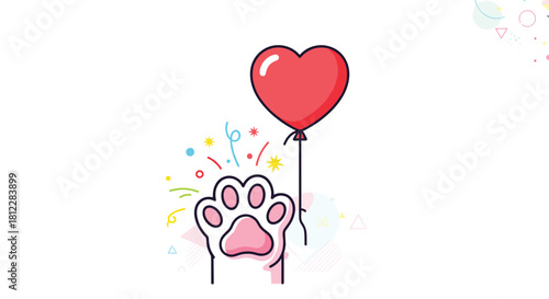 A cute cartoon cat paw with pink pads holds a red heart-shaped balloon, surrounded by festive confetti and abstract shapes, conveying love and joy.