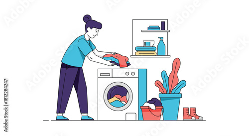 A flat illustration of a young woman doing laundry by putting clothes into a modern front-loading washing machine at home.