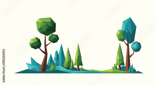 Modern low poly illustration of a vibrant green forest landscape with geometric trees and crystals on a light background.