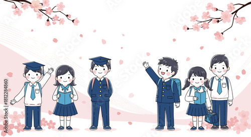 Illustration of happy Japanese students in uniform for a graduation or entrance ceremony with cherry blossoms in the background.