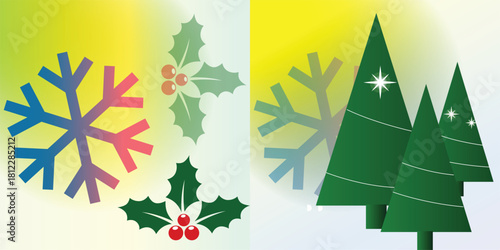 Festive holiday symbols snowflakes holly and evergreen trees in colorful design