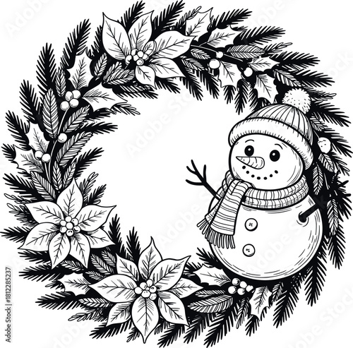 Black and white Christmas wreath with snowman pine needles