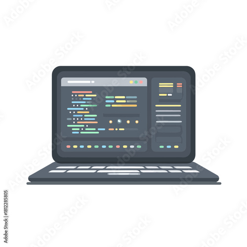 Flat Vector Illustration Of A Laptop Displaying Code