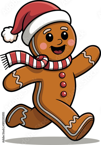 Gingerbread man running with Santa hat and scarf Christmas