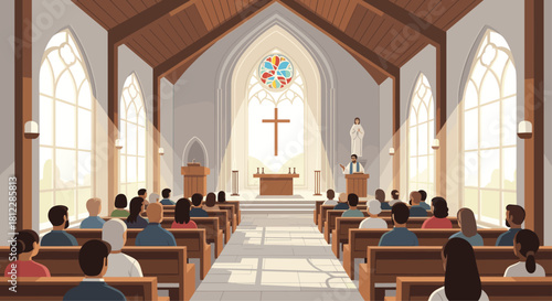 Feel the warmth of faith at a lively church service with stained glass illuminating the congregation and a pastor leading the sermon
