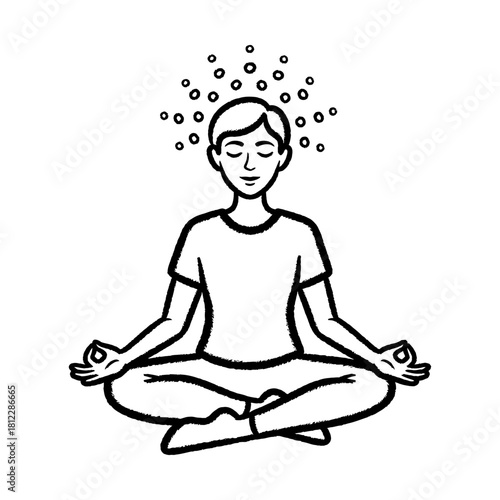 Minimalist Black Outline Drawing of Meditating Person with Aura Circles