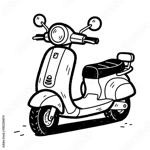 Hand-drawn vintage scooter illustration with black and white line art.