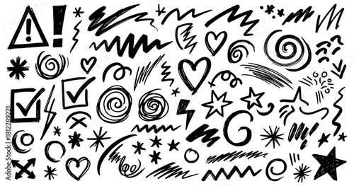 Hand drawn doodles created in expressive free style. Lines form energetic shapes with playful dynamic mood. Composition looks spontaneous with soft textured strokes