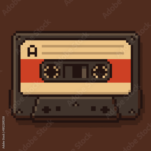 Retro pixel art cassette tape with a vintage design on a brown background