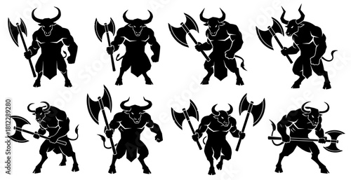 Minotaur silhouettes holding heavy axes in combat ready stances. Muscular bodies and strong horns create a heroic mythic presence