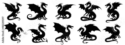Fantasy dragon silhouettes displayed in strong dynamic poses. The silhouettes are created with very clean lines and carefully balanced proportions, highlighting the high quality of the work