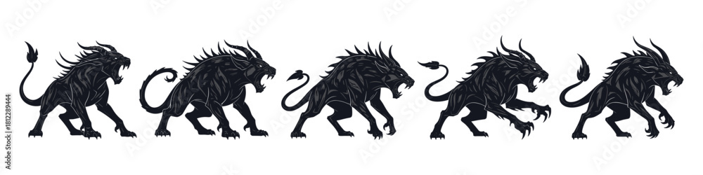 Fototapeta premium Mythical beast silhouettes with fierce postures and sharp contours. The silhouettes are created with very clean lines and carefully balanced proportions, highlighting the high quality of the work