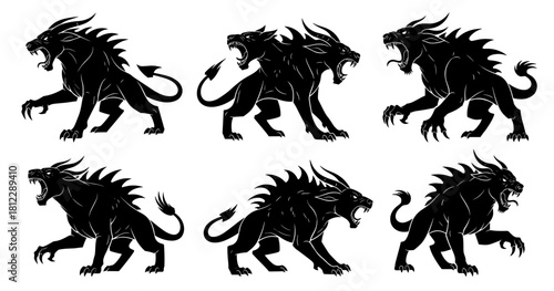 Aggressive beast silhouettes shown in strong dynamic poses. The silhouettes are created with very clean lines and carefully balanced proportions, highlighting the high quality of the work