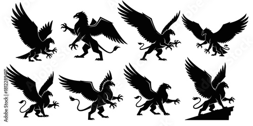 Majestic griffin silhouettes with strong wings and dynamic poses. Sharp edges and polished contours ensure top tier silhouette quality. Ideal for heraldry, fantasy art, and logos