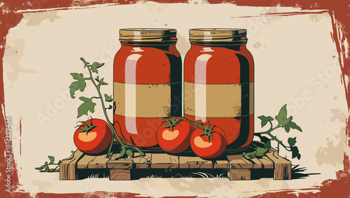 Rustic jars of tomato sauce with fresh tomatoes on a wooden pallet