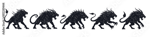 Mythical beast silhouettes with fierce postures and sharp contours. The silhouettes are created with very clean lines and carefully balanced proportions, highlighting the high quality of the work