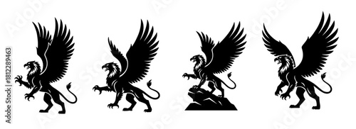 Powerful griffin silhouettes standing in proud heraldic poses. The silhouettes are created with very clean lines and carefully balanced proportions, highlighting the high quality of the work
