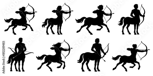 Centaur silhouettes shown in archery poses and dynamic movement. Clean lines and balanced proportions throughout. Strong torsos and lifted bows create a heroic mythical energy