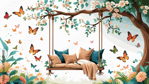 Cozy swing beneath a flowering tree surrounded by colorful butterflies and blooming flowers