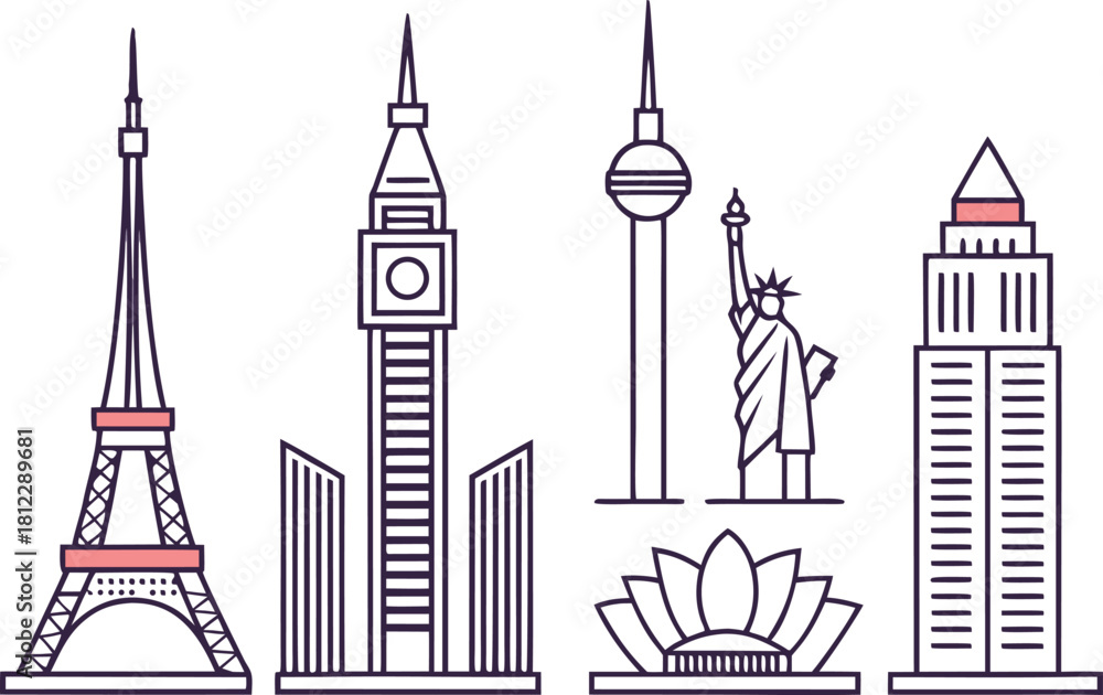 Fototapeta premium Tourist Destination Illustration Set. Famous Tourist Destination Art. World Tourist Destination Graphics. Tourist Destination Outline Pack. Global Tourist Destination Elements. Travel Tourist
