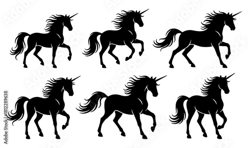 Elegant unicorn silhouettes shown in expressive walking poses. Clean lines and balanced proportions throughout. Flowing manes and raised hooves create a graceful magical mood