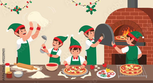 Delightful Christmas elves joyfully preparing savory pizzas in a cozy brick oven kitchen ready for the holiday feast and festive celebrations
