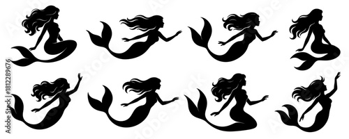 Mermaid silhouettes portrayed in flowing swimming and sitting poses. Clean lines and balanced proportions throughout. Long hair and curved tails create a soft aquatic fantasy character
