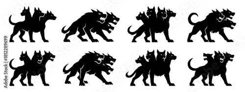 Three-headed dog silhouettes designed in strong guarding stances. Clean lines and balanced proportions throughout. Sharp teeth and muscular bodies build a fierce mythological impression