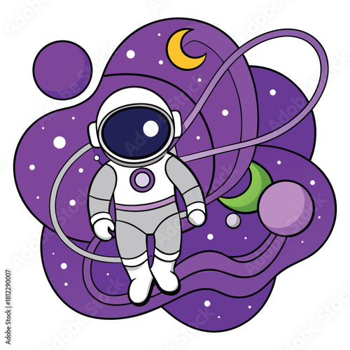 An astronaut in a space suit floats among the planets and stars, surrounded by cosmic dust and a crescent moon