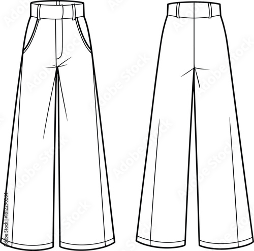 Wide-leg tailored pants fashion flat sketch showcasing front and back views with clean seams, structured waistband, and professional technical detailing