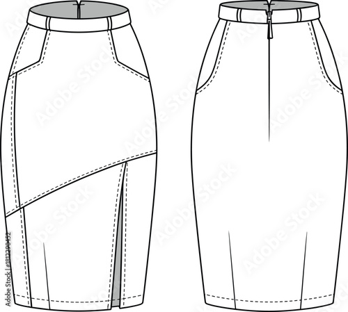 Elegant asymmetrical pencil skirt fashion flat with detailed panel seams, waistband topstitching, contour darts, and back zip technical vector illustration
