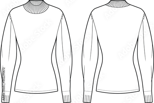 Detailed long-sleeve mock-neck sweater fashion flat sketch with ribbed collar and cuffs, clean technical vector design for apparel illustration